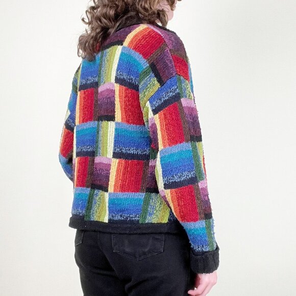 Vintage Rainbow Wool Cotton Cardigan Sweater Oversized Patchwork Eclectic Pride - Picture 4 of 8